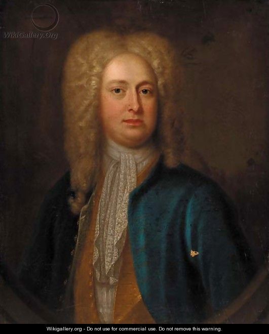 Portrait of a gentleman, quarter-length, in a blue coat and gold waistcoat, feigned oval - (after) Richardson. Jonathan