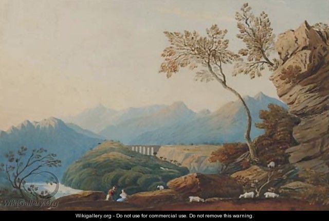Figures and sheep before a viaduct - (after) John Varley