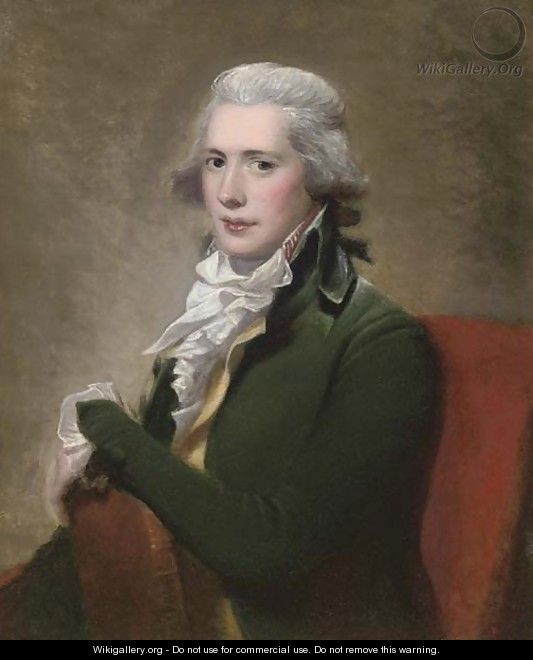 Portrait of a gentleman, half-length, in a green coat and yellow waistcoat, holding a book - (after) Russell, John