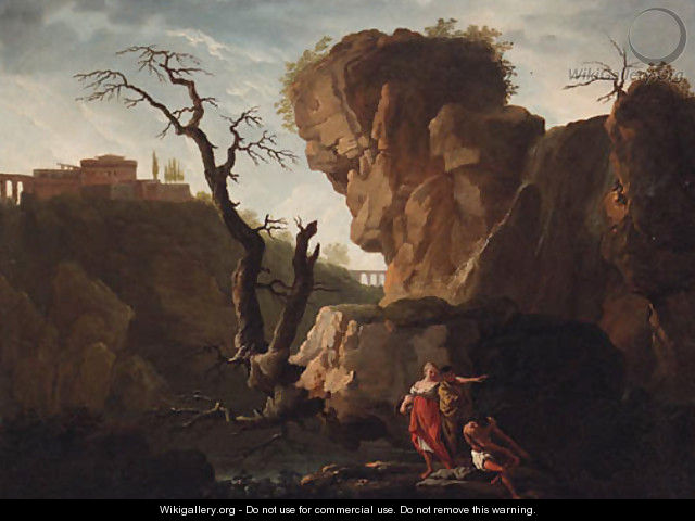 An Italianate landscape with figures by a waterfall - (after) Claude-Joseph Vernet