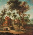 A wooded landscape with figures and a horse and cart before a hamlet - (after) Joseph Van Bredael
