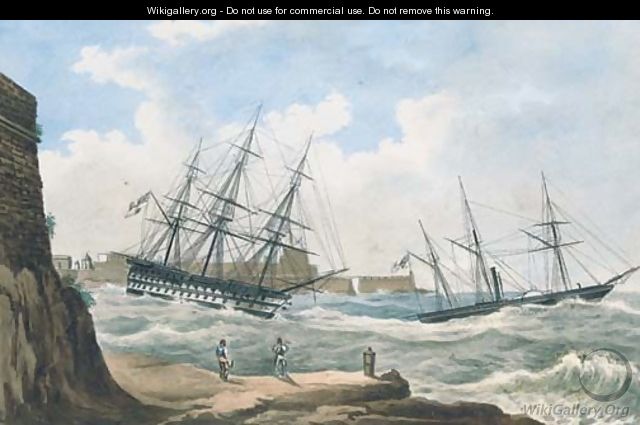 A British paddle sloop ahead of a ship-of-the-line coming out of the harbour at Valetta in heavy seas - (after) Joseph Schranz