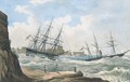 A British paddle sloop ahead of a ship-of-the-line coming out of the harbour at Valetta in heavy seas - (after) Joseph Schranz