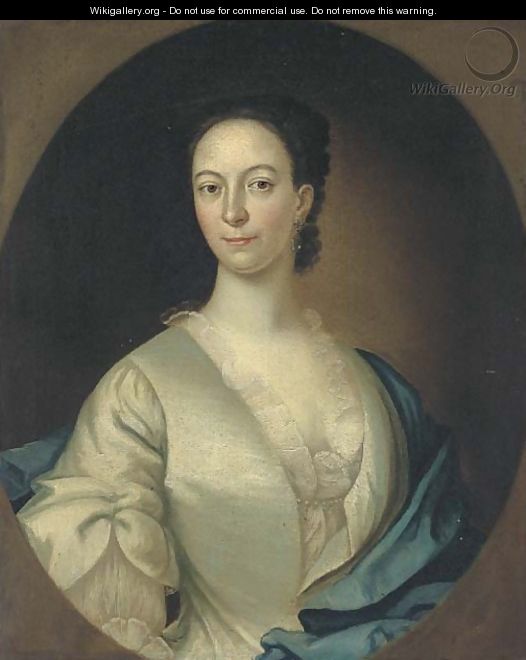 Portrait of a lady, bust-length, in a white dress and blue wrap, feigned oval - (after) Highmore, Joseph