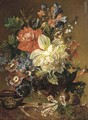 Flowers in a vase, a snail and a nut on a stone ledge - (after) Joseph Nigg