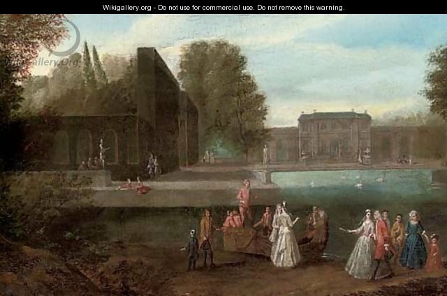 Elegant company disembarking from a boat in a lake in the grounds of a country house - (after) Joseph Francis Nollekens