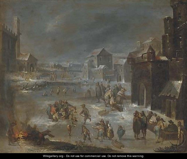 A village with peasants playing skittles and drinking; and A winter landscape with skaters - (after) Joseph Van Bredael