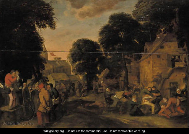 A village fair with a quack and boors fighting outside an inn - (after) Joos Van Craesbeeck