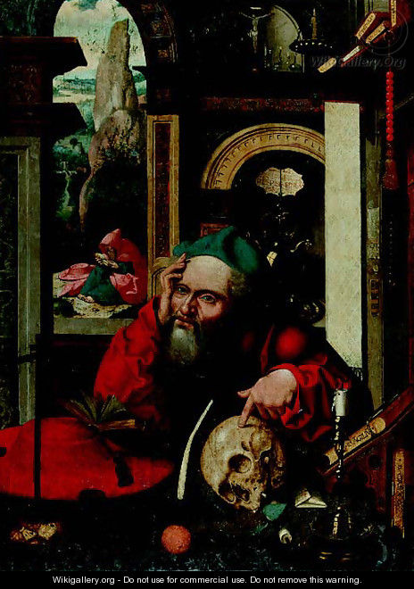 Saint Jerome in his study, a landscape beyond - (after) Cleve, Joos van
