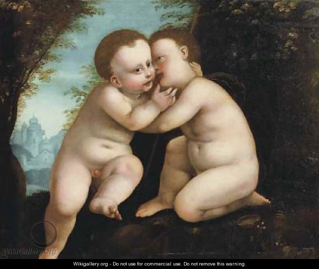 A wooded landscape with Jesus and Saint John as infants - (after) Cleve, Joos van