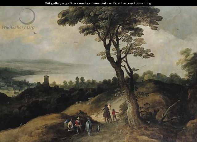 Travellers and peasants on a road above a valley - Joos Or Josse De, The Younger Momper