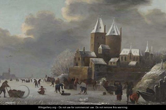 A winter landscape with peasants skating on a frozen river before a castle - (after) Claes Molenaar (see Molenaer)