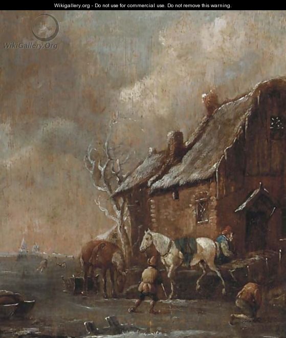 A winter landscape with figures skating and playing kolf on a frozen river by a farm - (after) Claes Molenaar (see Molenaer)