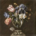 Tulips, daffodils, irises and other flowers in a glass vase on a sculpted stand, with a butterfly - (after) Juan De Arellano
