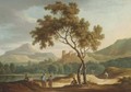 An Italianate river landscape with travellers conversing on a road - (after) Joseph Augustus Knip