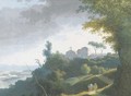 An extensive landscape with a monastery on a hilltop, peasants on a path on the foreground, the sea beyond 2 - (after) Joseph Augustus Knip