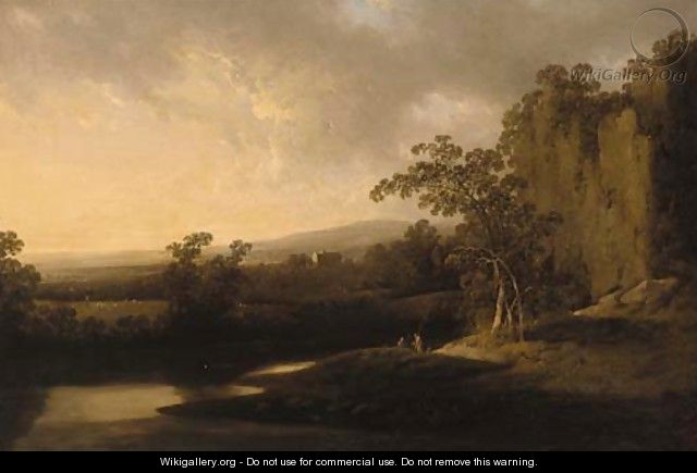 An extensive river landscape with anglers in the foreground and houses beyond - (after) Josepf Wright Of Derby