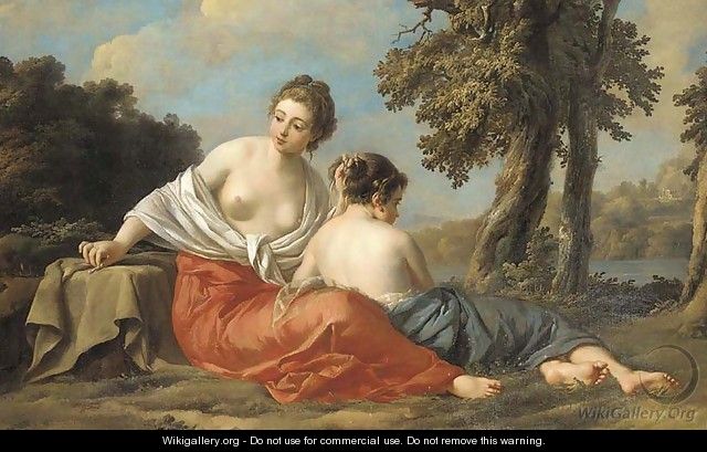 A girl tying up another girls hair by a riverbank - (after) Jean Baptiste Pierre