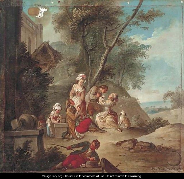 Amorous couples in a garden with children and a young fisherman, the sea beyond - (after) Jean Baptiste Leprince