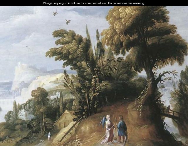 An extensive landscape with Tobias and the Angel - (after) Jasper Van Der Lamen
