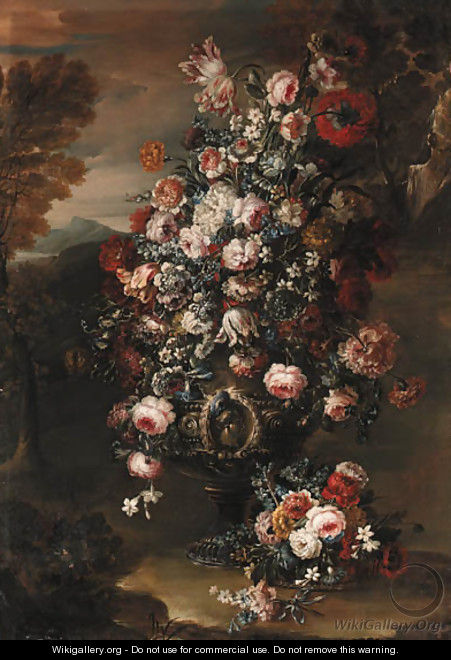 Roses, parrot tulips, paeonies, morning glory and other flowers in an ornamental silver urn in a landscape - (after) Jan-Baptiste Bosschaert