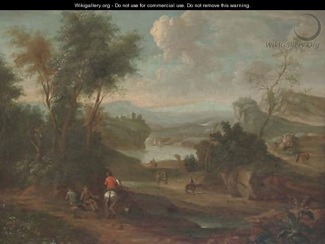 A wooded river landscape with a figure on horseback conversing with two travellers resting on a track - (after) Jan Wynants