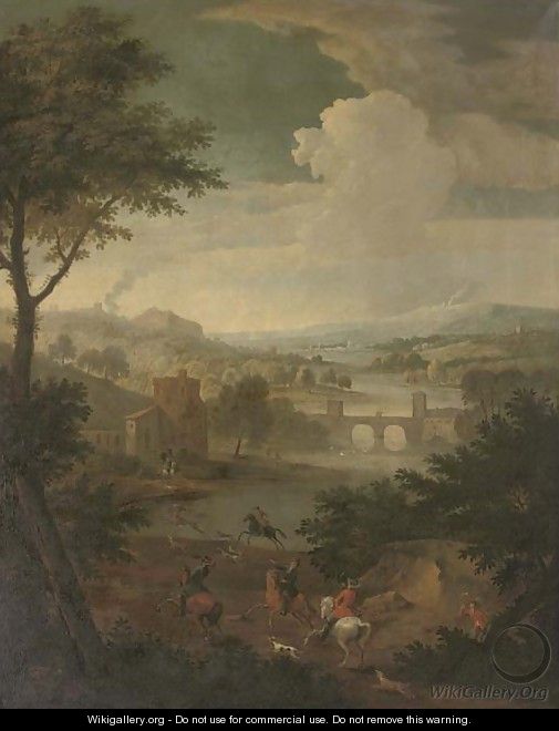 An extensive wooded river landscape with a stag hunt, a bridge beyond - (after) Jan Wyck