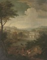 An extensive wooded river landscape with a stag hunt, a bridge beyond - (after) Jan Wyck