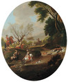A stag hunt in a wooded river landscape - (after) Jan Wyck