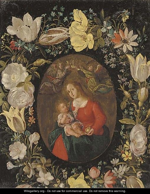 The Virgin and Child set in a feigned cartouche of tulips, roses and other flowers - (after) Jan Van, The Younger Kessel