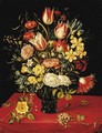 Tulips, lilies, daffodils, irises, roses, hypericum, forget-me-nots, chicory, honeysuckle and other flowers in a roemer - (attr. to) Kessel, Jan van
