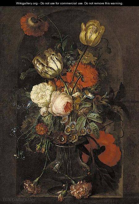 Tulips, roses, carnations, morning glory and other flowers in a glass vase in a stone niche - (after) Huysum, Jan van