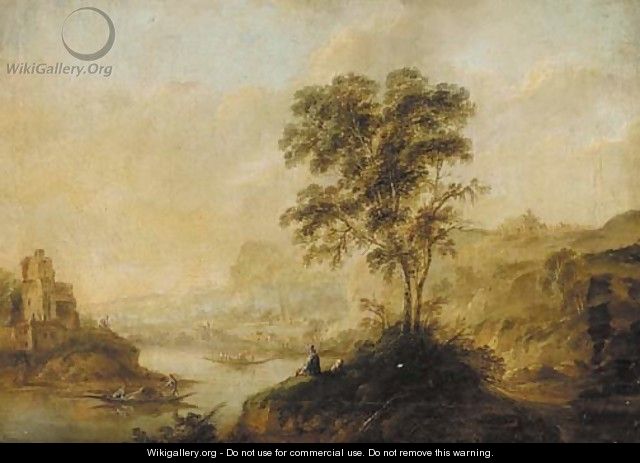 Figures at a river in an Italianate landscape - (after) Huysum, Jan van