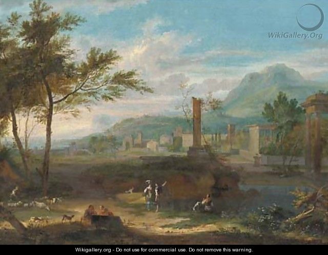 An Italianate landscape with classical ruins and figures in the foreground - (after) Jean-Francois Millet