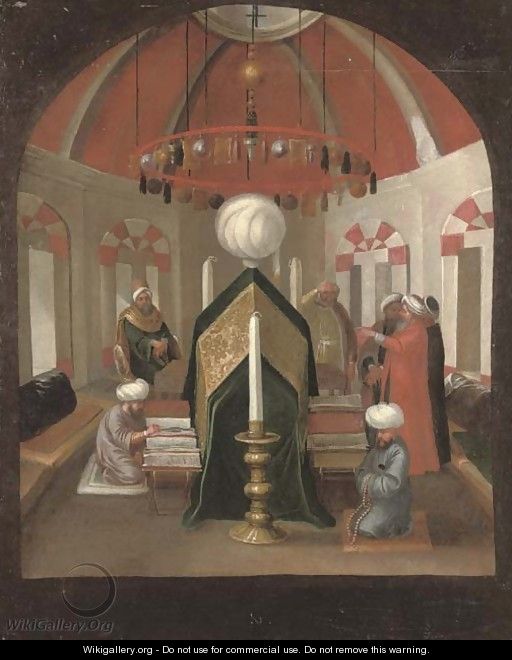 A Turkish mausoleum with figures at the tomb of a Sultan - (after) Jean Baptiste Vanmour