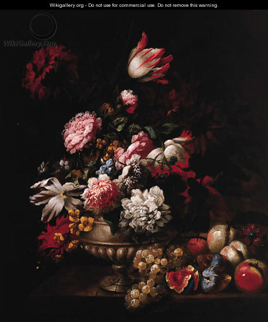 Tulips, Roses, Poppies and other Flowers in a Vase with Fruit on a Ledge - (after) Jean-Baptiste Monnoyer