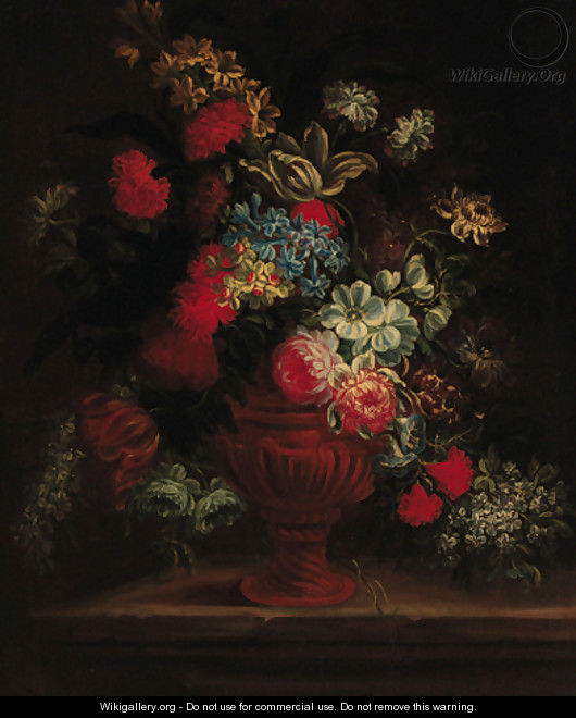 Roses, carnations, peonies, morning glory and other flowers in a sculpted urn on a ledge - (after) Jean-Baptiste Monnoyer