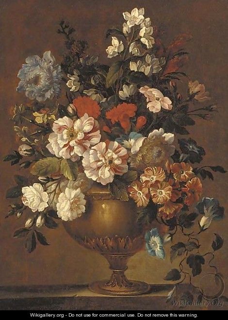 Roses, bluebells, carnations and other flowers, in a sculpted urn, on a stone ledge - (after) Jean-Baptiste Monnoyer