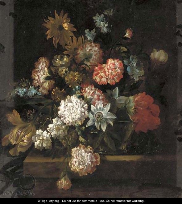 Crysanthemums, morning glory, a tulip and other flowers in a glass vase on a ledge - (after) Jean-Baptiste Monnoyer