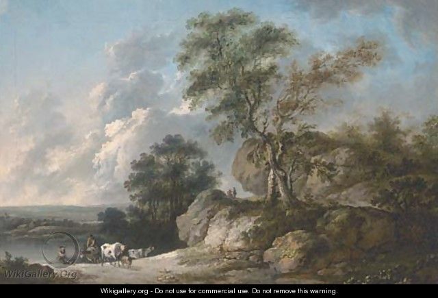 A rocky wooded river landscape with drovers and their cattle in the foreground - (after) Jean-Baptiste Pillement
