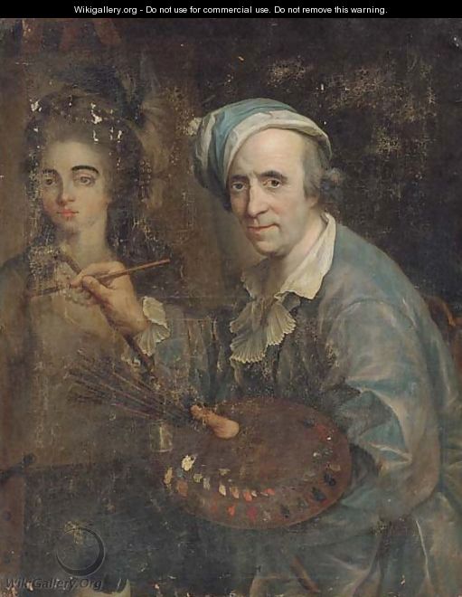 Self-portrait of an artist painting a female portrait - (after) Johann Heinrich The Elder Tischbein