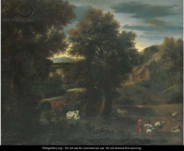 A wooded landscape with a shepherdess and cattle - (after) Johann Heinrich Roos