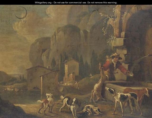 A hunter at a fountain in a landscape - (after) Johann Heinrich Roos