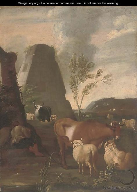 A drover resting by his cattle, a pyramid beyond - (after) Johann Heinrich Roos