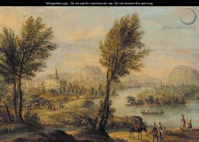 Travellers in a Rhenish landscape - (after) Johann Christian Vollerdt Or Vollaert