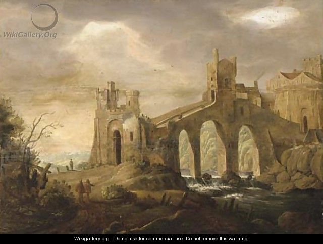 An Italianate river landscape with a bridge before a town - (after) Johann Christian Vollerdt Or Vollaert