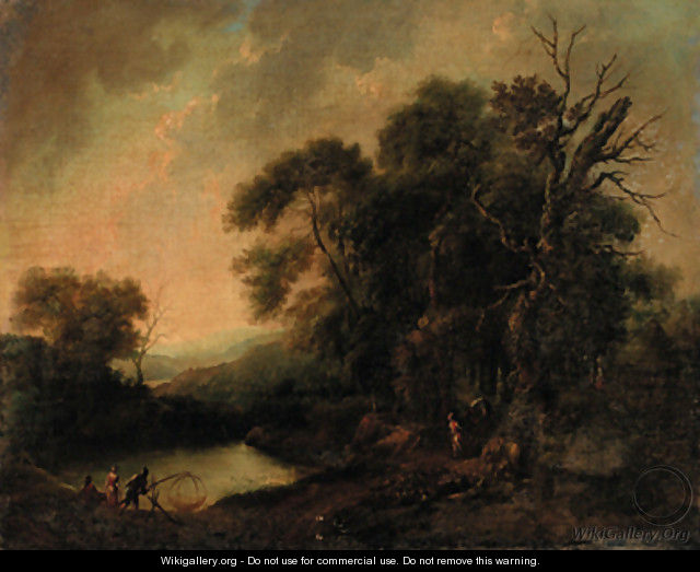A wooded river landscape with fisherfolk on a bank - (after) Johann Christian Vollerdt Or Vollaert