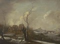 A winter landscape with skaters on a frozen river, a village nearby - (after) Johann Christian Vollerdt Or Vollaert
