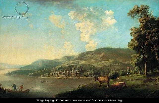 An open landscape with a drover and cattle by a lake, a town beyond - (after) Johann Christian Brand