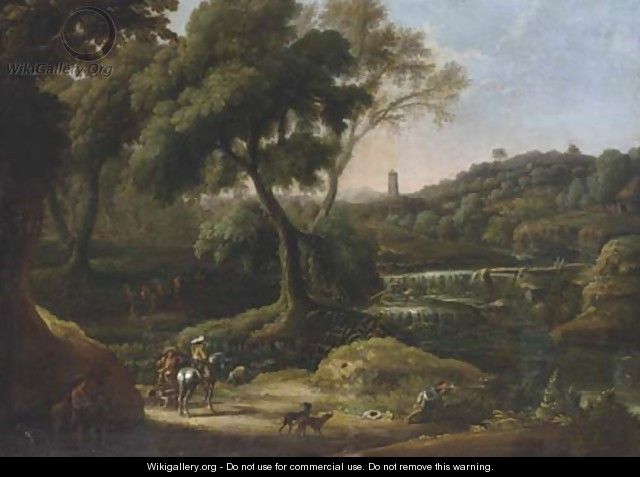 An extensive landscape with a waterfall and figures shooting with dogs and horses - (after) Johann Anton Eismann